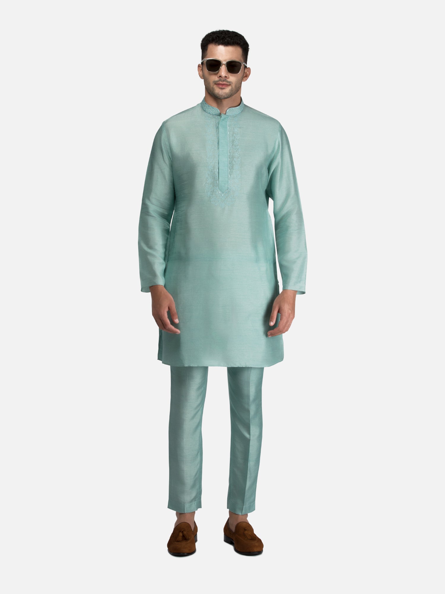 Blue Embroidered Short Kurta with Trouser Set