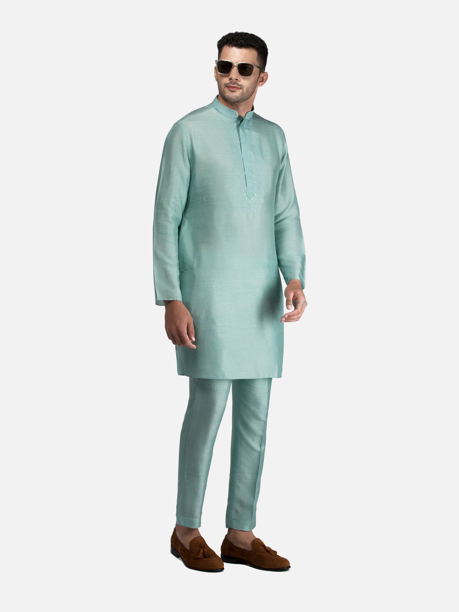 Blue Embroidered Short Kurta with Trouser Set