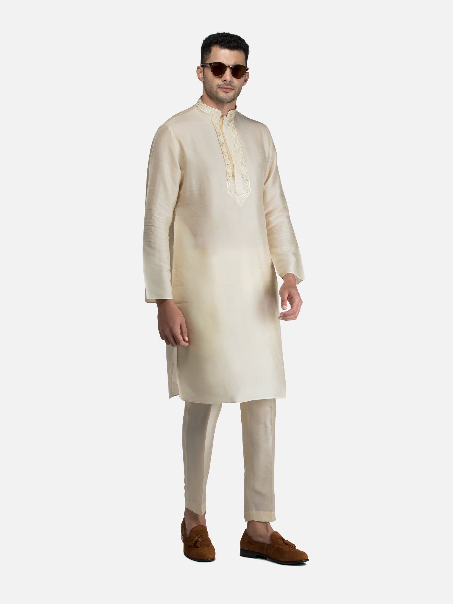 Cream Embroidered Short Kurta with Trouser Set