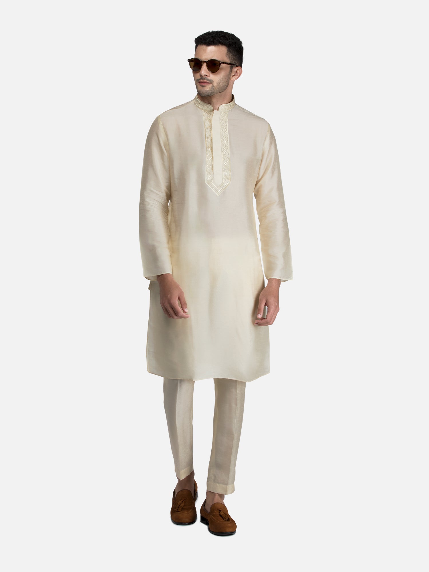 Cream Embroidered Short Kurta with Trouser Set