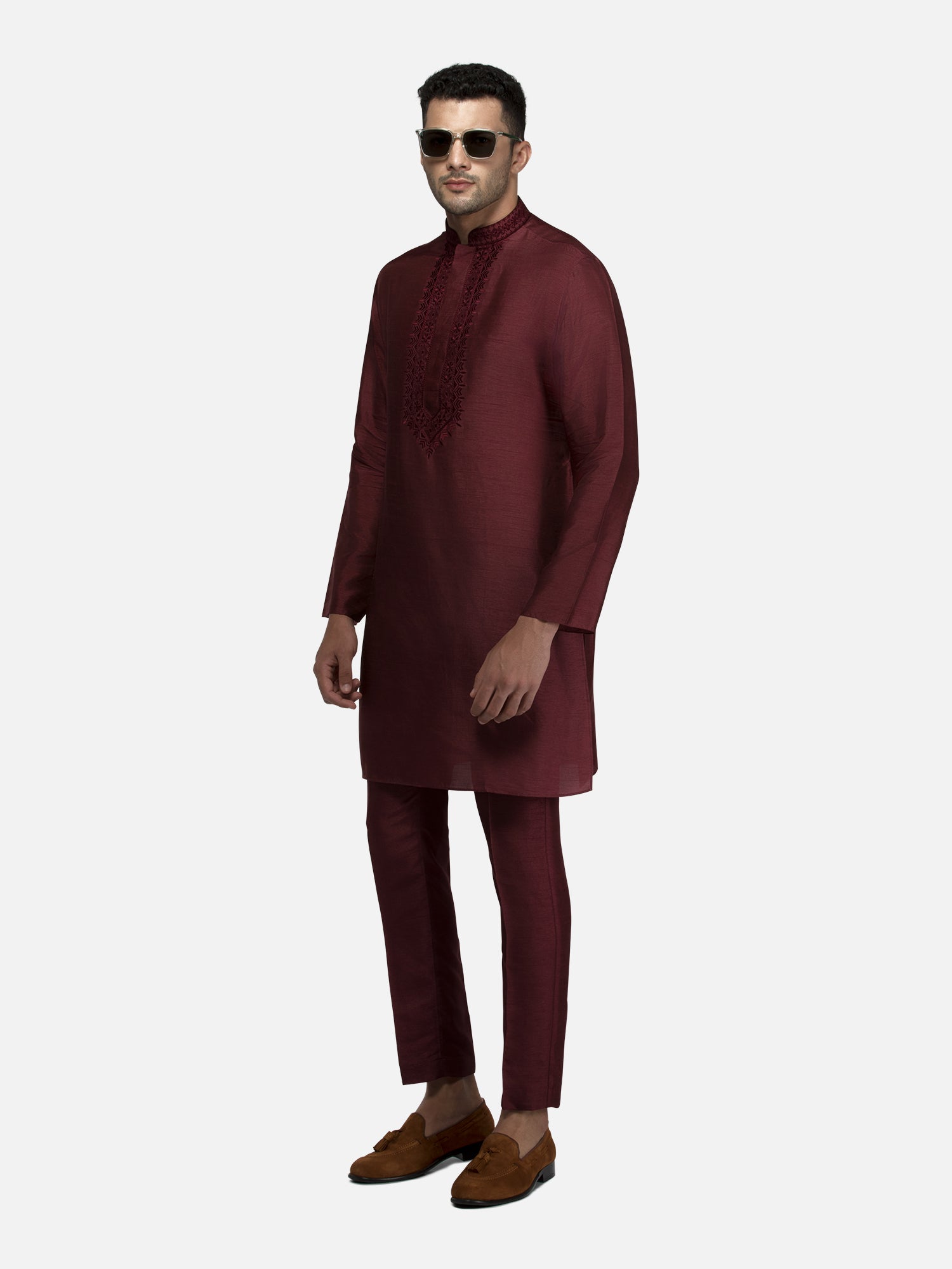 Maroon Embroidered Short Kurta with Trouser Set