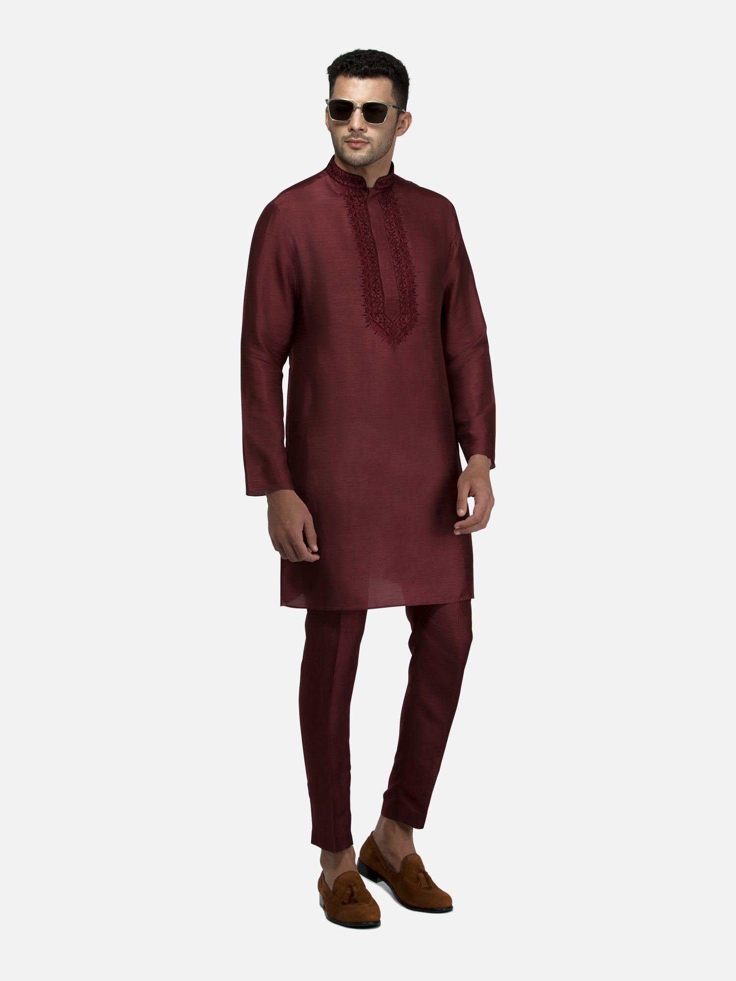 Maroon Embroidered Short Kurta with Trouser Set