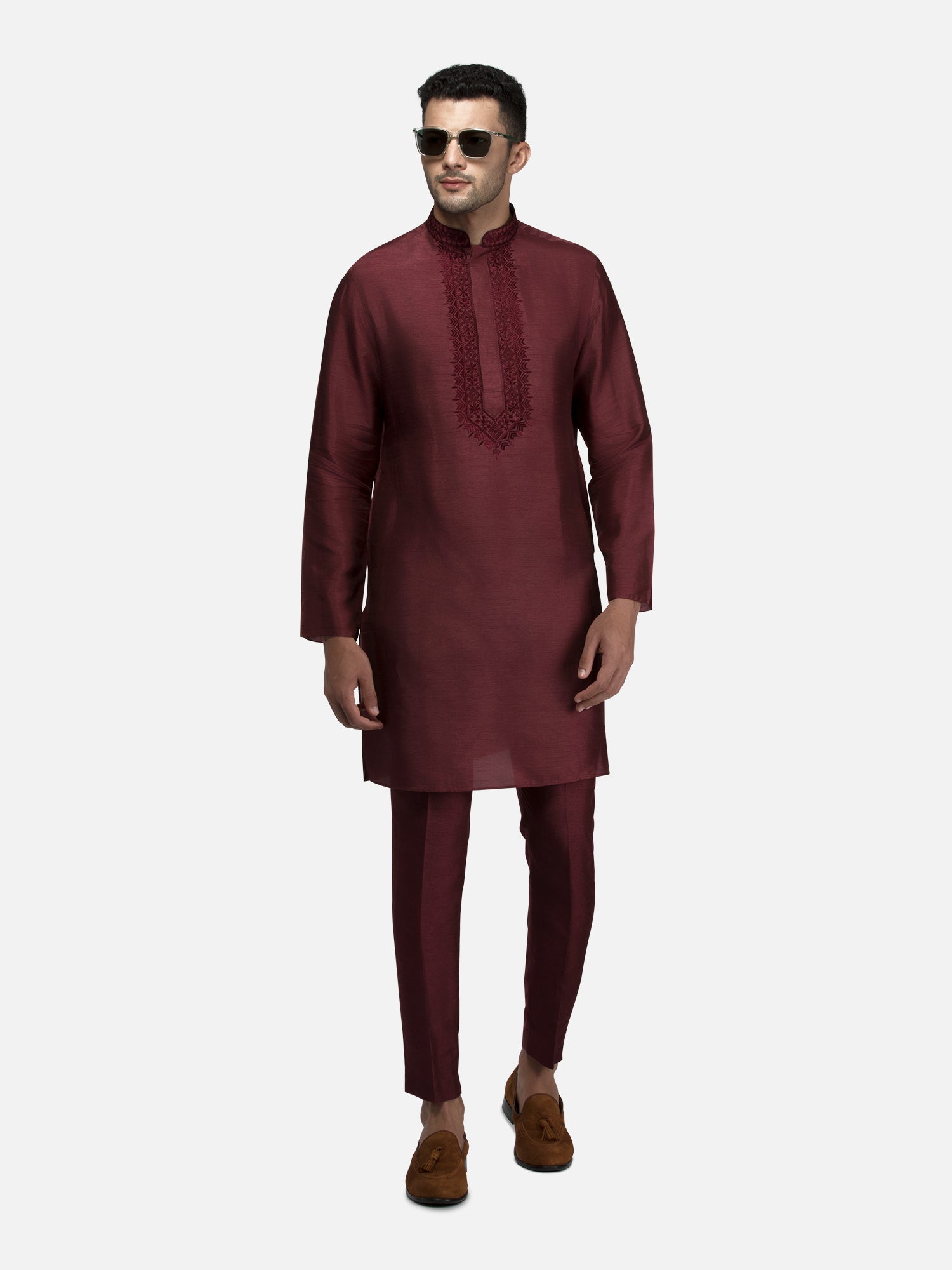 Maroon Embroidered Short Kurta with Trouser Set