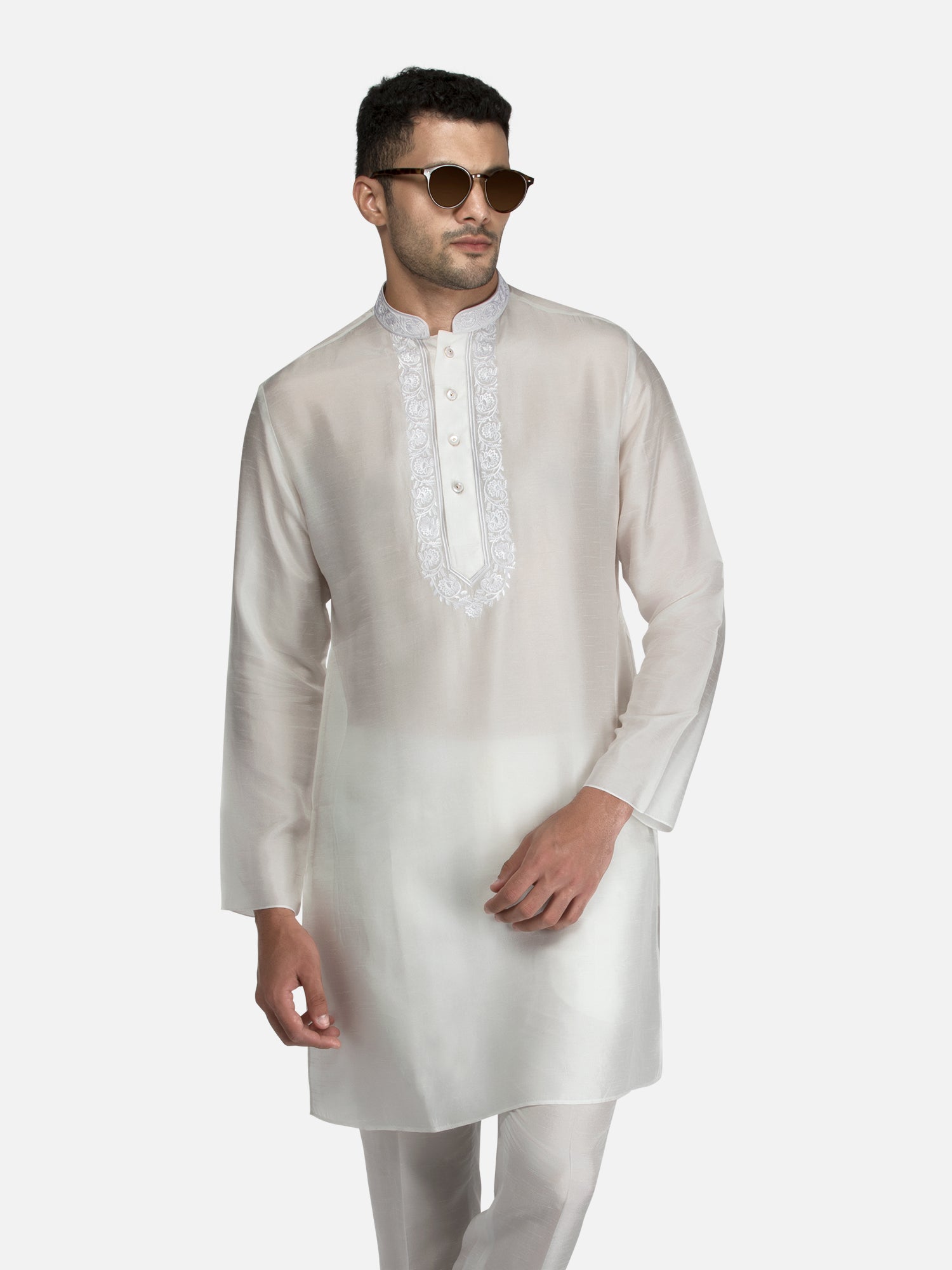 White Embroidered Short Kurta with Trouser Set